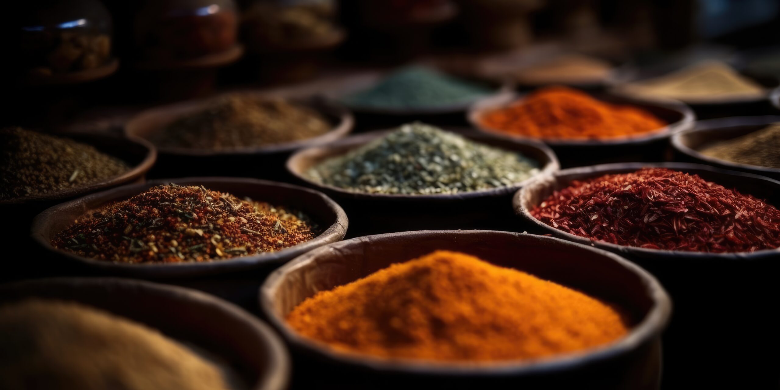 Indian spices close up. Pepper, turmeric thyme paprika cumin. Generative AI . High quality illustration